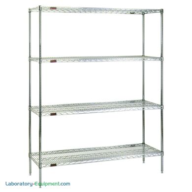 Complete 4-shelf system by Eagle Group with adjustable open-wire shelves is available in low cost chrome-plated steel or corrosion resistant stainless steel
